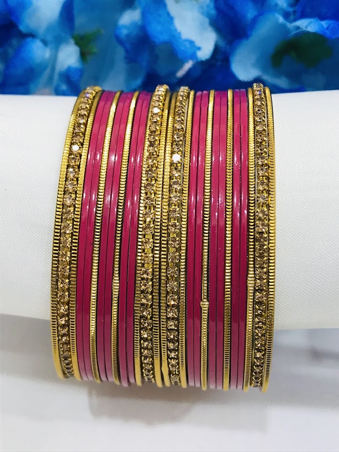 Dark Pink Color Stone Designed Party Wear Metal Bangles  Near Me