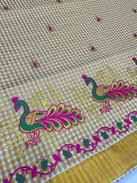Attractive Kerala Cotton Peacock Embroidery Saree In Yuma
