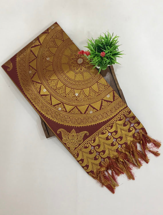 Maroon Color Silk Shawl With Golden Zari Work (Ponnadai) Near Me