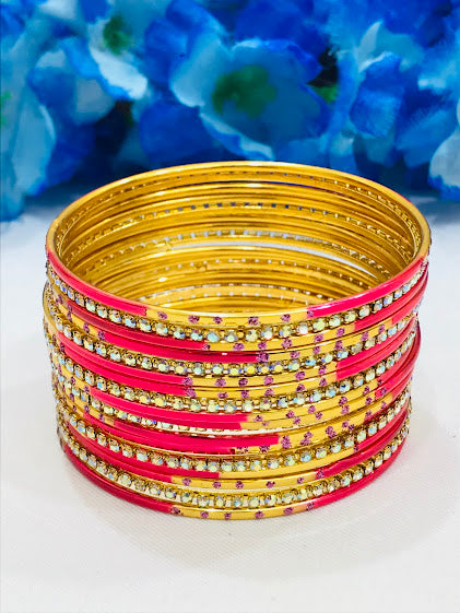 Splendiferous Pink Colored White Stone Design Metal Bangle Set For Women