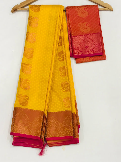 Alluring Yellow Color Art Silk Saree With Contrast Rich Pallu In Peovia