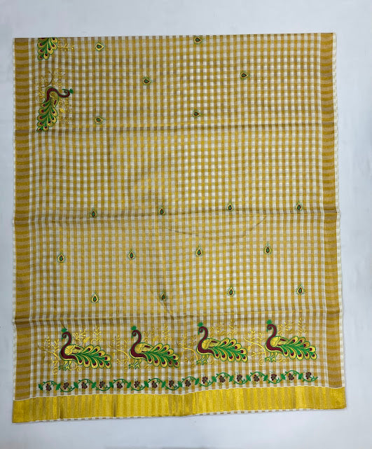 Wonderful Kerala Cotton Peacock Embroidery With Copper Zari Border For women In USA