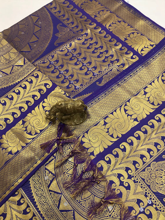 Violet Color Silk Shawl With Golden Zari Work (Ponnadai) For Guest In Yuma