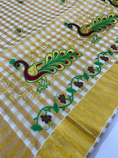 Kerala Cotton Peacock Embroidery With Copper Zari Border In Yuma