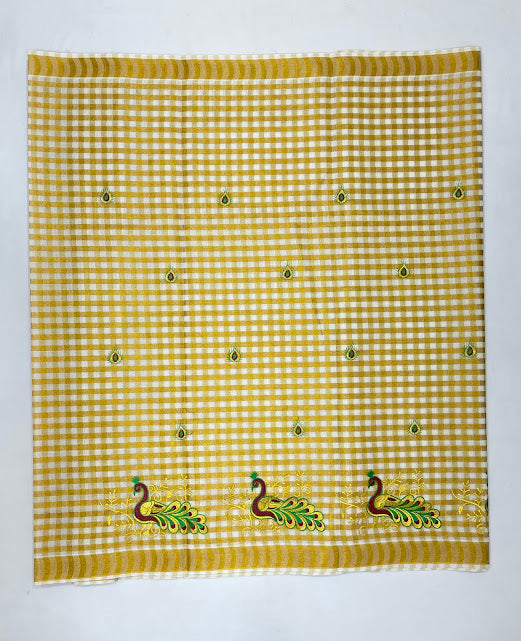 Wonderful Kerala Cotton Peacock Embroidery With Copper Zari Border In Mesa
