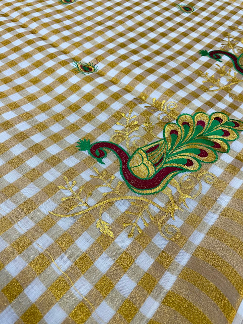 Wonderful Kerala Cotton Peacock Embroidery With Zari Border In Chandler