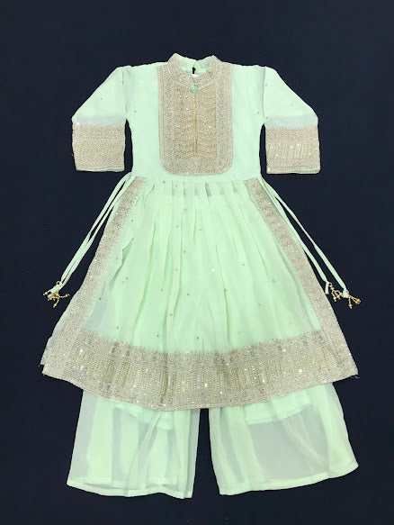 Delightful Pista Green Colored Sequins Work Palazzo Suits For Girls