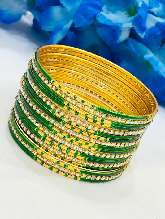 Gorgeous Green Color Stone Design Metal Bangles For Women