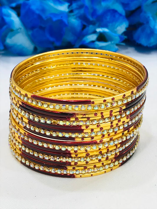 Charming Maroon Color Stone Worked Metal Bangles For Women