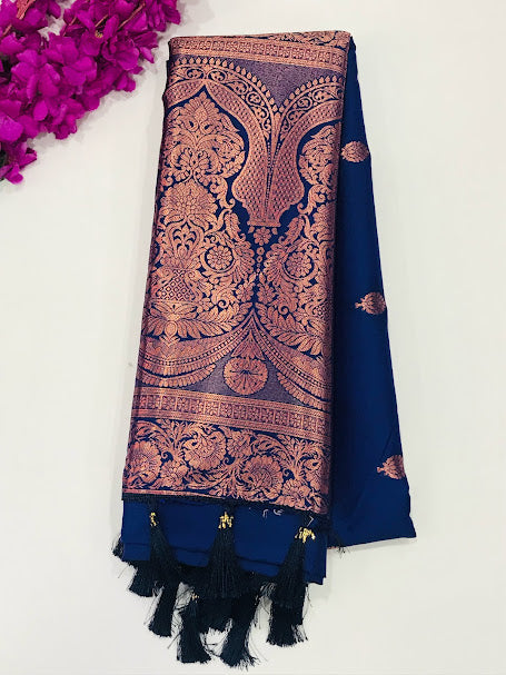 Attractive Blue Colored Soft Silk Saree And Rich Pallu With Tassels And Floral Design Border