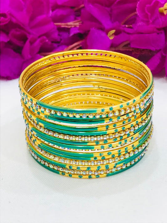 Elegant Teal Green Color Gold Plated Metal Bangles For Women