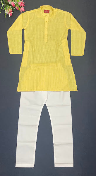 Amazing Yellow Color Cotton Kurta With Pajama Set For Boys Kids