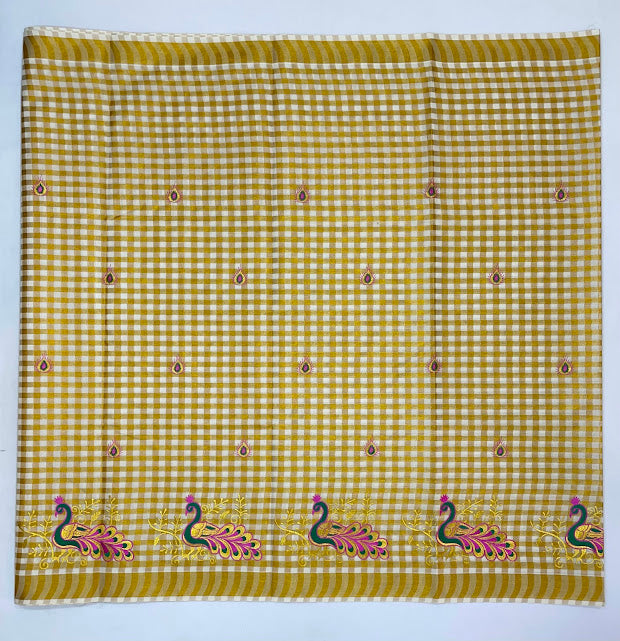 Charming Kerala Cotton Peacock Embroidery With Copper Zari Border In Yuma