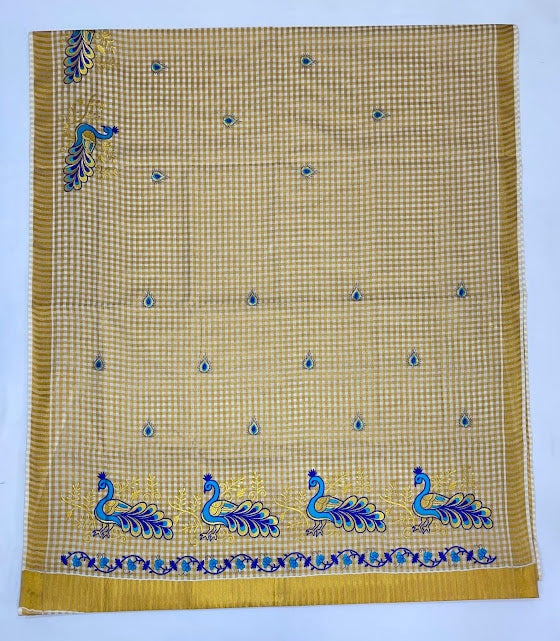 Wonderful Kerala Cotton Peacock Embroidery Work In Mesa