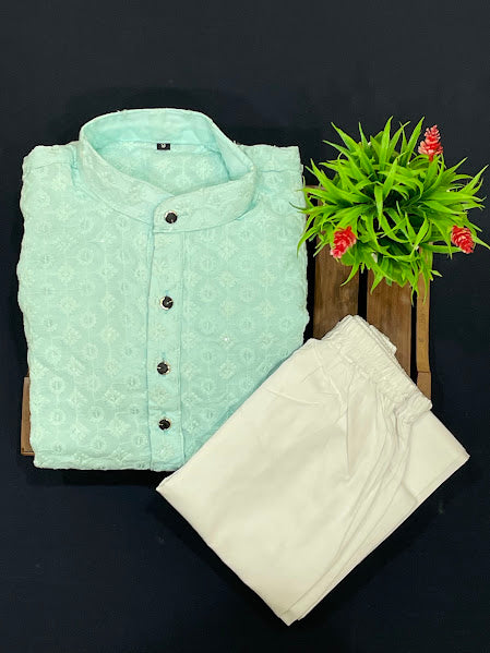 Sky Blue Color Cotton Sequins Work Kurta With Pajama Set In USA