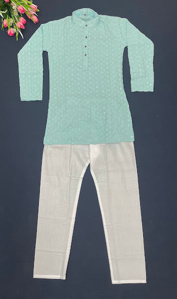 Attractive Sky Blue Color Cotton Sequins Work Kurta With Pajama Set For Boys