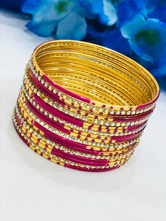 Stunning Rani Pink Color Stone Worked Metal Bangles For Women  