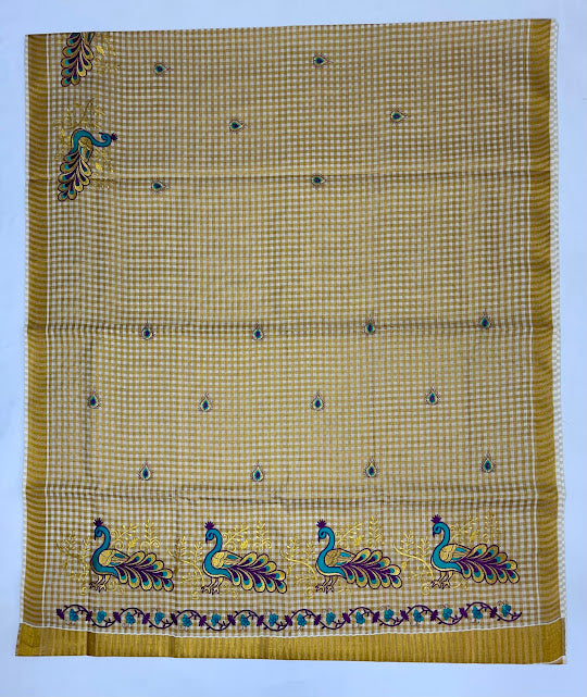 Wonderful Kerala Cotton Peacock Embroidery Saree With Copper Zari Border In Mesa