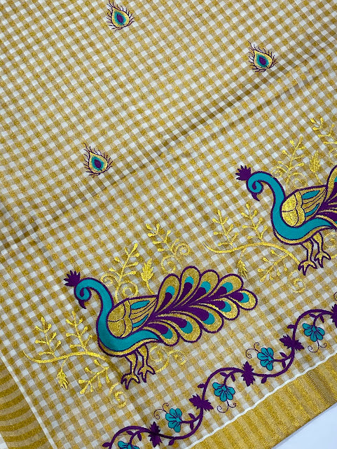 Kerala Cotton Peacock Embroidery Saree With Copper Zari Border In Chandler