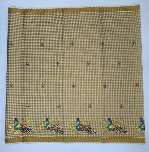 Kerala Cotton Peacock Embroidery Saree With Copper Zari Border In Yuma
