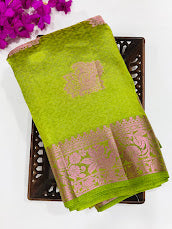 Attractive Green Colored Raw Silk Saree With Floral Design For Women Near e