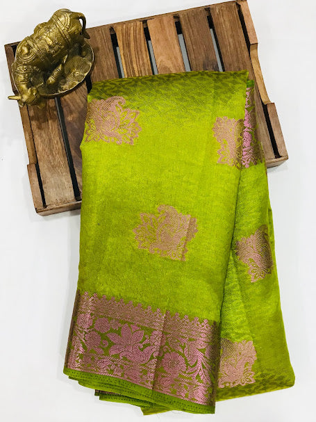 Attractive Green Colored Raw Silk Saree With Floral Design For Women In Happy Jack