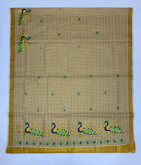 Kerala Cotton Peacock Embroidery Saree With Copper Zari Border In Mesa
