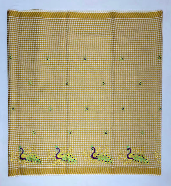 Kerala Cotton Peacock Embroidery Saree With Copper Zari Border In Yuma