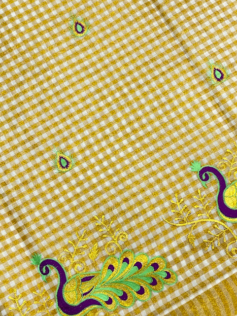 Kerala Cotton Peacock Embroidery Saree With Copper Zari Border In Chandler