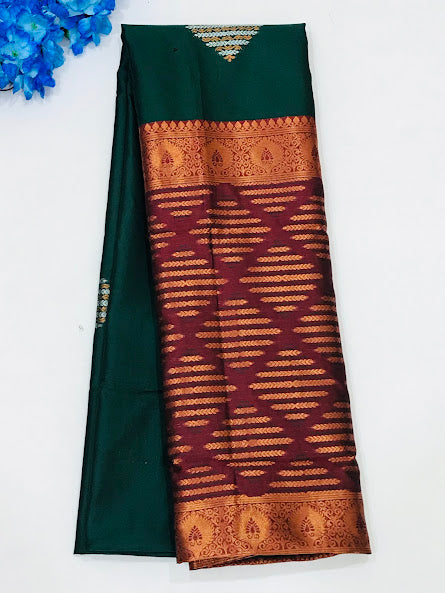 Elegant Green Colored Soft Silk Saree With Fancy Pallu For Women