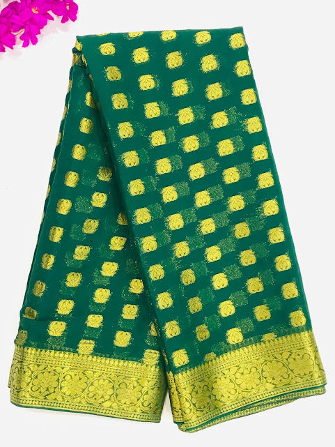 Alluring Green Color Designer Georgette Saree With Flower Motifs And Contrast Rich Pallu