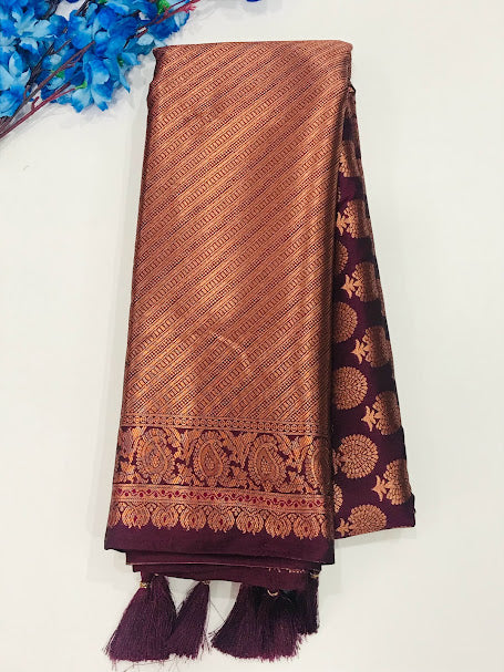 Gorgeous Floral Design Soft Silk Saree With Tassels For Women