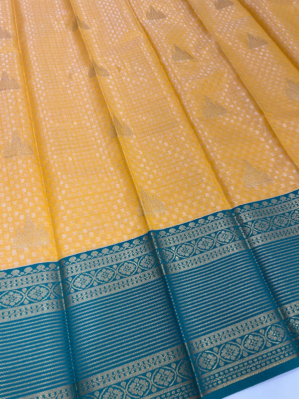 Yellow Color Soft Silk With Zari Work Contrast Pallu Saree In Tempe