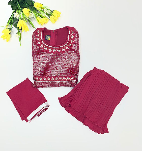 Maroon Color Georgette Palazzo Suits With Zari And Sequins Stone Work Near Me