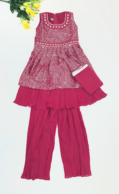 Amazing Maroon Color Georgette Palazzo Suits With Zari And Sequins Stone Work For Girls