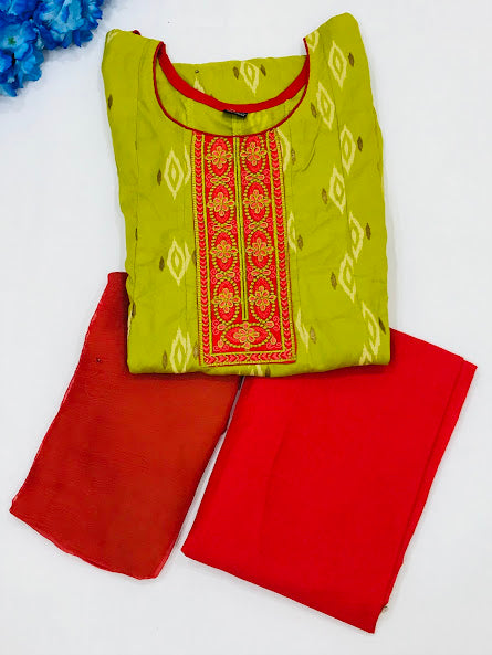 Gorgeous Green Colored Embroidery Work With Silk Cotton Kurti Suit In Near Me