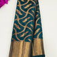 Stunning Teal Green Colored Silk Cotton Saree With Zari Work