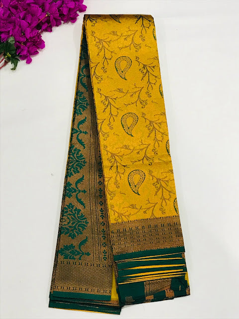 Lovely Yellow Color Art Silk Saree With Mango Design And Contrast Rich Pallu