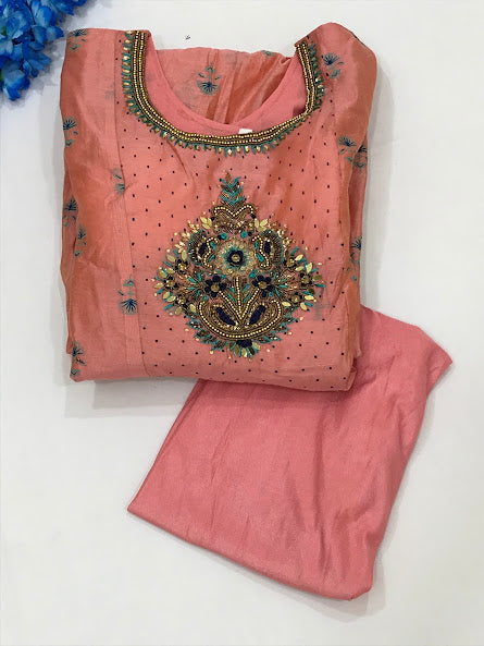 Lovely Pink Colored Embroidery Work With Silk Cotton Kurti Suit In Near Me