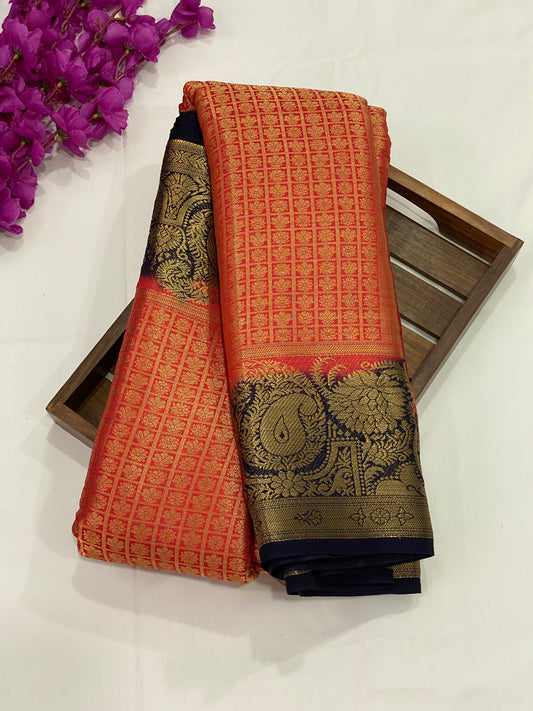 Peach Color Fancy Soft Silk Saree With Contrast Pallu