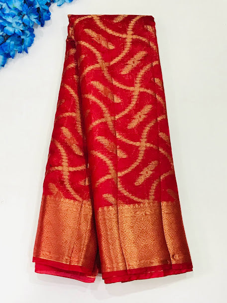 Beautiful Red Colored Raw Silk Saree With Zari Work For Women