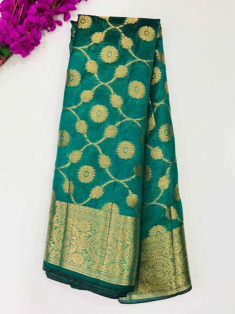 Gorgeous Teal Green Color Silk Cotton Saree With Zari Work For Women