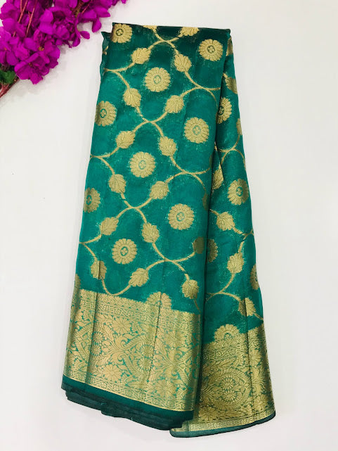 Gorgeous Teal Green Color Raw Silk Saree With Zari Work For Women