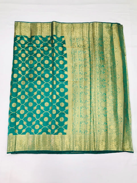 Teal Green Color Raw Silk Saree in USA