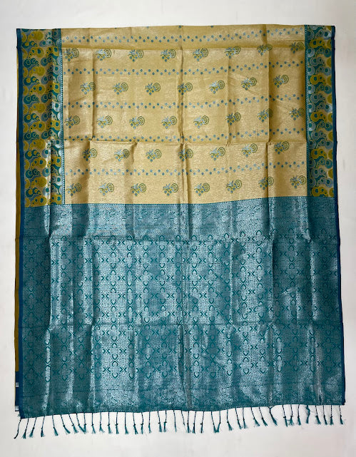 Gold Color Silk Saree With Rama Green Color Border In USA