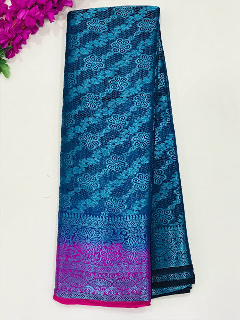 Stunning Blue Colored Soft Silk Saree With Pink Color Rich Pallu