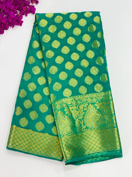 Elegant Green Color Designer Georgette Saree With Butta Motifs And Contrast Border