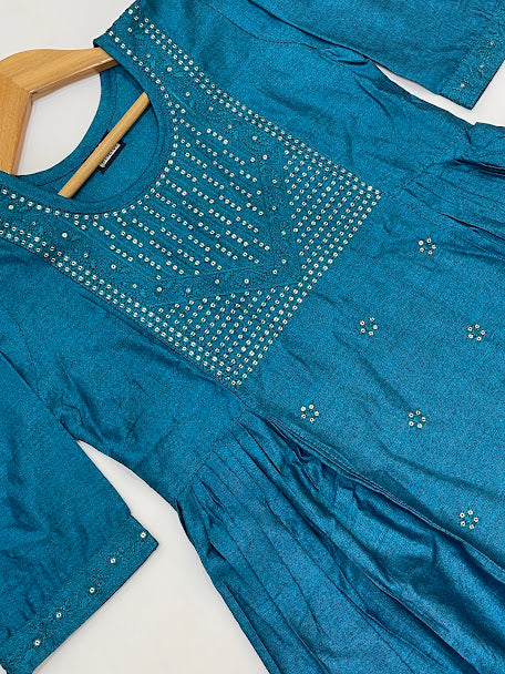 Teal Blue Color Embroidery And Sequins Work Kurti In Chandler