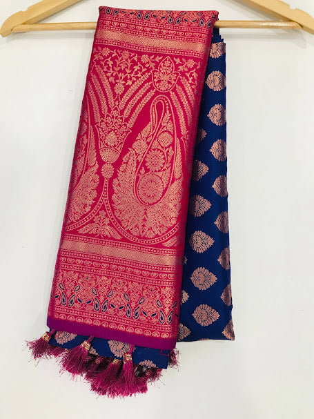 Appealing Blue color Soft Silk saree With Butta Motifs And Fancy Tassels With Contrast Rich pallu In Mesa