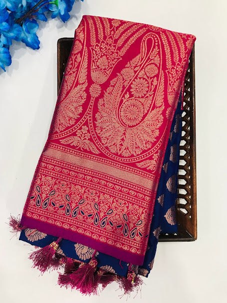 Appealing Blue color Soft Silk saree With Butta Motifs And Fancy Tassels With Contrast Rich pallu Near Me